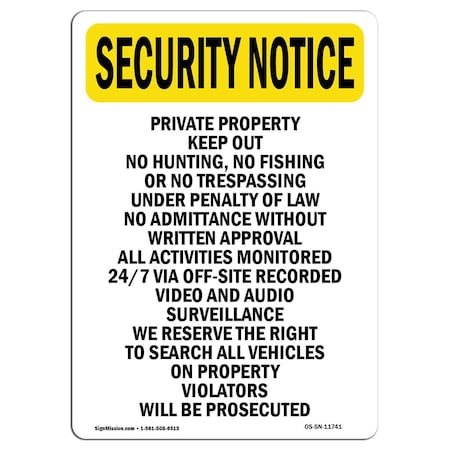Signmission OSHA Security Sign, 24" Height, Private Property Keep Out No Hunting, Portrait OS-SN-D-1824-V-11741